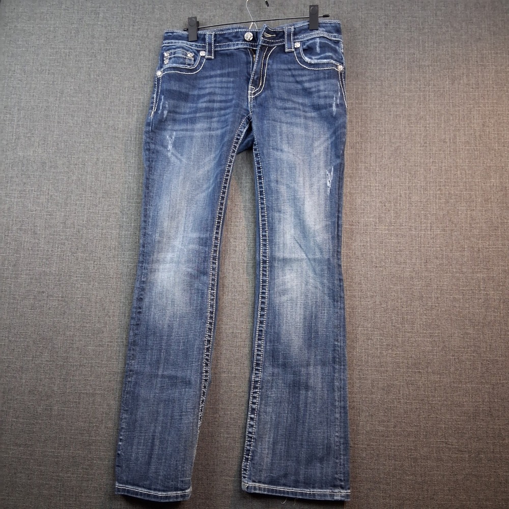 Miss Me Bootcut Jeans Medium Wash Distressed Embellished Flap Pocket Mens